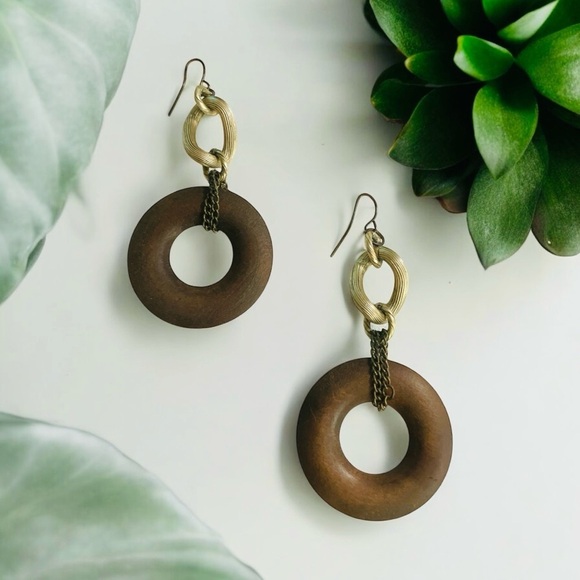 Classic Natural Wooden Hoop Dangle Earrings dark brown - Picture 1 of 6